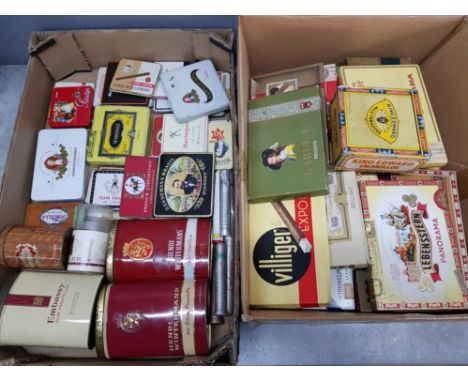 2 boxes containing a large Quantity of vintage cigar tins and boxes