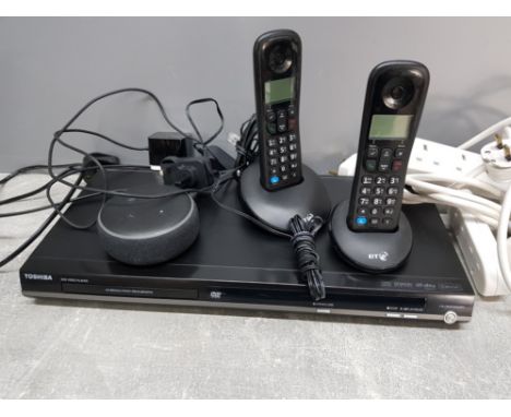 Toshiba DVD player, BT duo phone set, 4 extension leads and Amazon Echo dot smart speaker