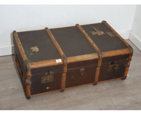 Large vintage wooden bound twin handled trunk with key
