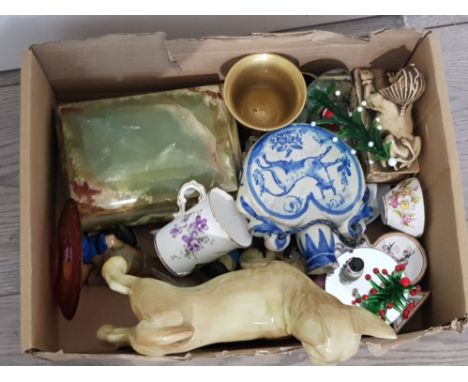 Tray of misc including mini porcelain dog delft flask, onyx cigarette box etc