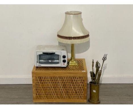 Brass fire companion set with lamp, wooden box and bench oven
