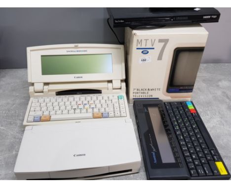 5 vintage electronic items includes Canon star writer 550c, Canon BJ-30 printer, Amstrad notepad computer etc
