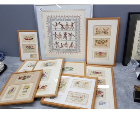 8 framed WWI tapestry silk postcards plus large tapestry sampler