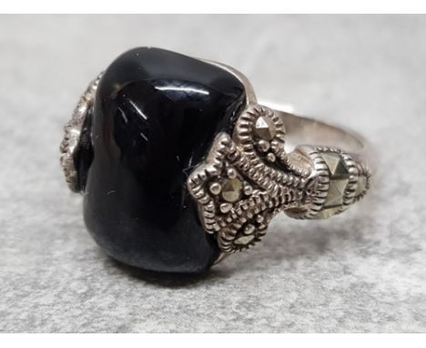 Silver and Marcasite dress ring with Jet centre stone, size N 6.3G
