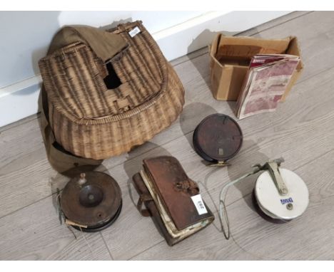 Nice vintage fishing lot to include fishing basket, leather fly pouch with flys and 3 fly fishing reels 2x boxed ELO and Alve
