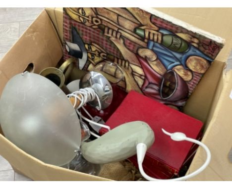 Box of miscellaneous items including lamp and plates etc