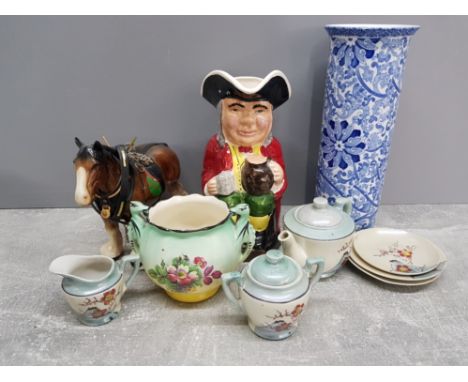 Small box of mixed ceramic pieces to include Staffordshire old english toby jug, melba ware horse, oriental tea china etc