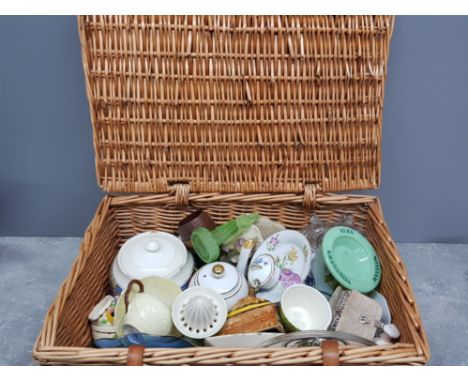 Wicker picnic basket containing misc china and glass including carlton ware cup and saucer, cottage butter dish etc