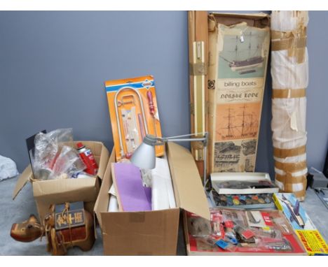 Large Quantity of modeling makers materials, paints, model boat accessories plus model Keil Kraft plane and desk lamp etc
