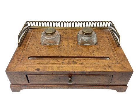 Victorian style inlaid burr elm desk stand with two inset ink wells, gilded metal gallery, single frieze drawer and bracket f