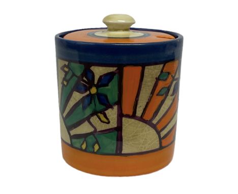 Clarice Cliff Fantasque for Wilkinson Pottery preserve pot, circa 1928, of drum form decorated in Sunray Leaves pattern, H8cm
