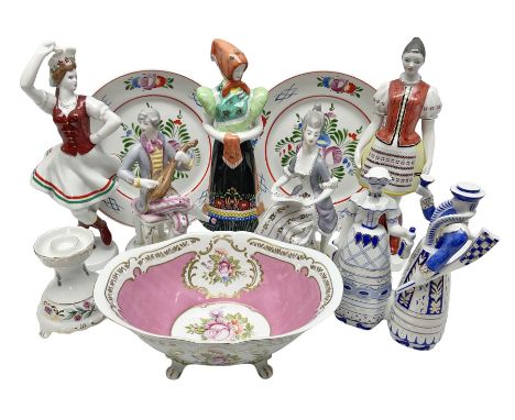 Group of six Hollohaza of Hungary figures, to include Baroque style gentleman playing mandolin and female with music sheet, e