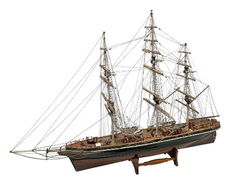 20th century scratch built model of a three mast ship, with stand, H66cm, L93cm