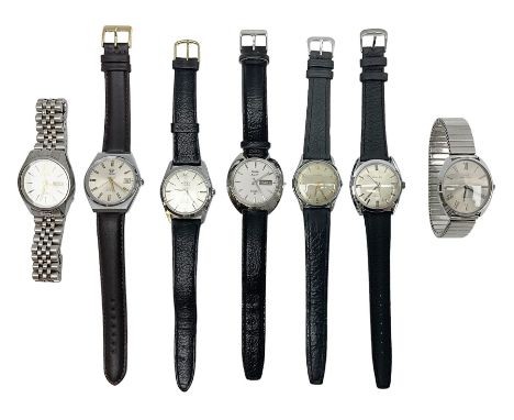Five automatic wristwatches including Bvler 17 jewels, Yeoman, Citizen, Texina 25 jewels and hmt Rajat and two manual wind wr