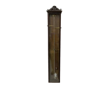 English - oak cased late 19th century Admiral Fitzroy mercury barometer, fully glazed case with a carved crested top, full le