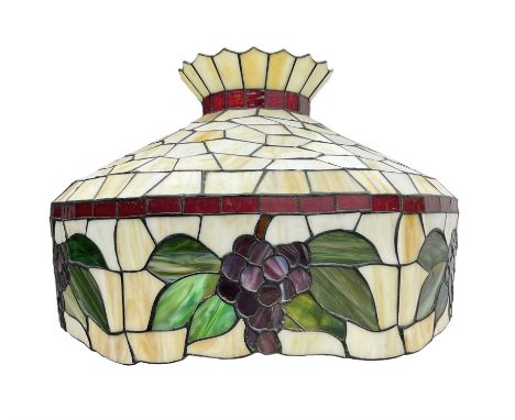 Large Tiffany style leaded ceiling light shade, decorated with grapes and with white glass spherical light fitting, D50cm