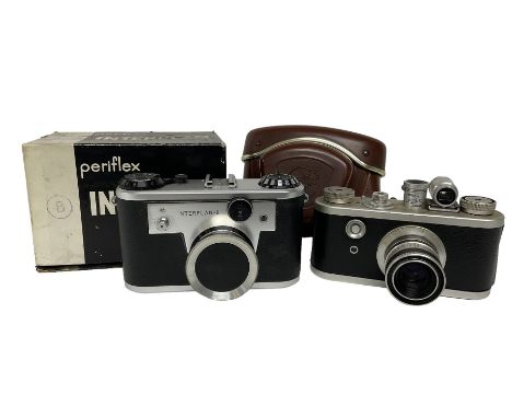 Corfield Periflex I 35mm periscope camera body,  with 'Corfield Lumar-X 1:3,5/50' lens, and Corfield Interplan-B camera body,