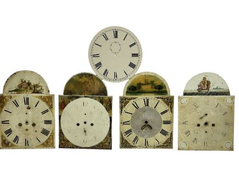 Four 13� painted 19th-century break arch longcase clock dials with one circular 12� American wall clock dial, plus two 11� an