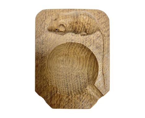 Mouseman oak ashtray, canted rectangular form with carved mouse signature, by the workshop of Robert Thompson, Kilburn, L10cm