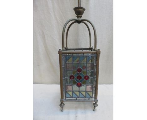 Victorian brass ceiling light shade, with leaded stained glass panels. Approx. 141cm 
