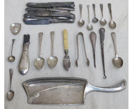 Art Nouveau scoop, stamped alpacca, plus various hallmarked silver flatware including silver handled knives etc 