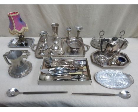 Large collection of various silver plated ware, flatware etc, inc. two handled serving tray, cruet set, coffee pot, table lam