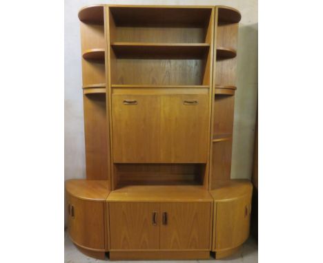 G-Plan, mid 20th century teak wall unit with drop down front, plus pair of corner shelf units to accord. Total Approx. 198cms