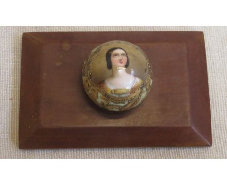 Small Victorian ceramic sphere, gilded and handpainted with portrait, mounted on wooden plinth 