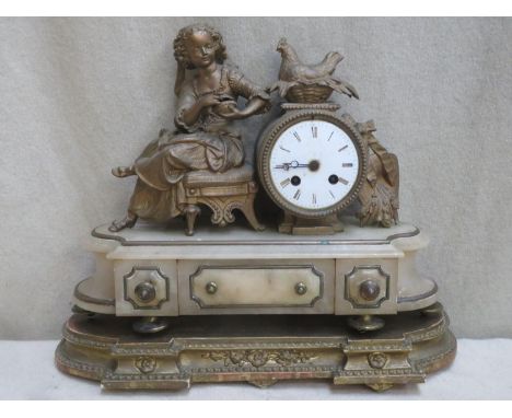 Late 19th century gilt metal and marble effect French style figure form mantle clock, on gilded wooden stand, for restoration