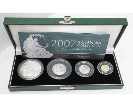 2007 Britannia silver proof four-coin set, boxed with certificate. P&amp;P Group 1 (£14+VAT for the first lot and £1+VAT for 