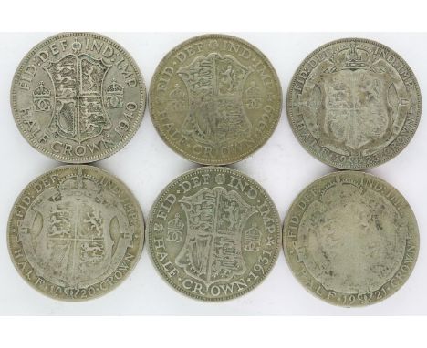 Six pre-1947 silver half crowns. P&amp;P Group 0 (£5+VAT for the first lot and £1+VAT for subsequent lots) 