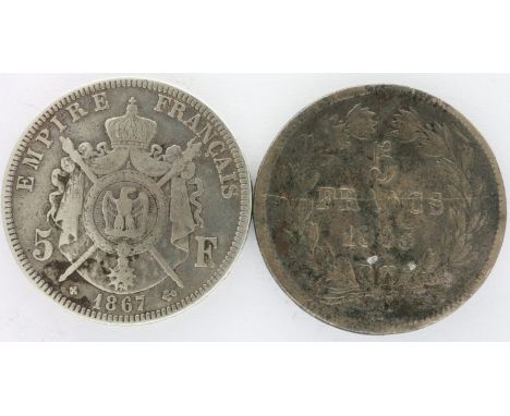 Two French silver 5 franc coins, 1845 and 1867. P&amp;P Group 0 (£5+VAT for the first lot and £1+VAT for subsequent lots) 