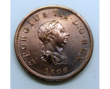 1806 copper halfpenny of George III, EF grade. P&amp;P Group 0 (£5+VAT for the first lot and £1+VAT for subsequent lots) 