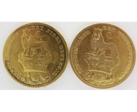 Two silver shillings of George IV, 1825 and 1826, both gilt. P&amp;P Group 0 (£5+VAT for the first lot and £1+VAT for subsequ
