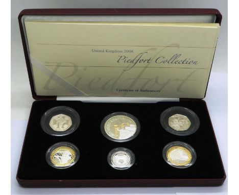2006 Piedfort collection of six coins silver proof, £5 to 50p, boxed with certificate. P&amp;P Group 1 (£14+VAT for the first