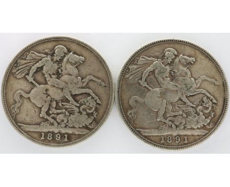 Two 1891 silver crowns of Queen Victoria. P&amp;P Group 0 (£5+VAT for the first lot and £1+VAT for subsequent lots) 