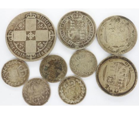 Victorian silver coins, threepence to florin, mixed grades (9). P&amp;P Group 1 (£14+VAT for the first lot and £1+VAT for sub