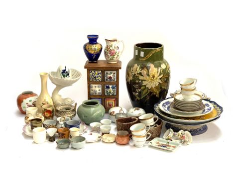 A mixed lot of ceramics to include Burleigh, Royal Cauldon, vintage Japanese erotic sake cups, 19th century hand painted jug,