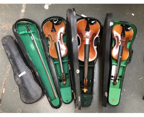 A Schmidt violin, together with one other, a viola, all cased, and an empty violin case 