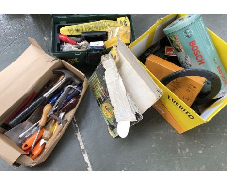 A quantity of tools to include small Bosch hedge trimmer, Bosch CSB420-E drill, etc 