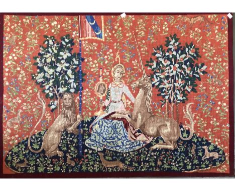 A large 20th century Medieval style tapestry 'The Lady with the Unicorn'; 80x111cm 