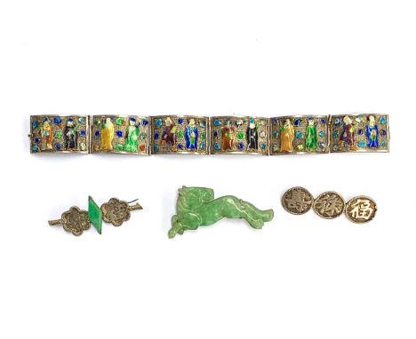 An unusual Chinese export silver and enamel panel bracelet (af), in need of repair, 18cmL; together with a Chinese export sil