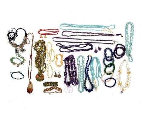 A quantity of beaded jewellery, mainly gemstones, to include lapis lazuli, sodalite, amethyst, quartz, fluorite, coral and ne