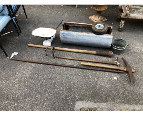 A mixed lot to include kitchen scales, galvanised trough, pickaxe, trivet, etc 
