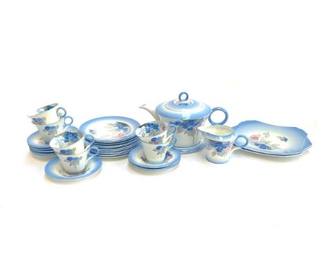 A Shelley Art Deco 'Phlox' tea service comprising teapot, stand, two cake plates, 6 teacups, 12 saucers, 11 side plates and a