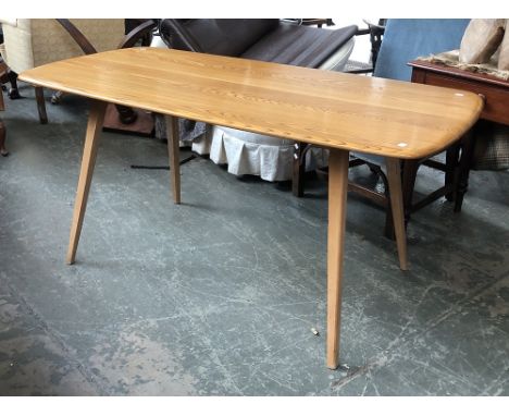 An Ercol style mid-century elm table on splayed beech legs, 152x77x71cmH 