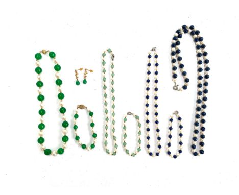 A small quantity of lapis lazuli and cultured pearl necklaces, the longer 77cmL unclasped, and bracelet; together with simila