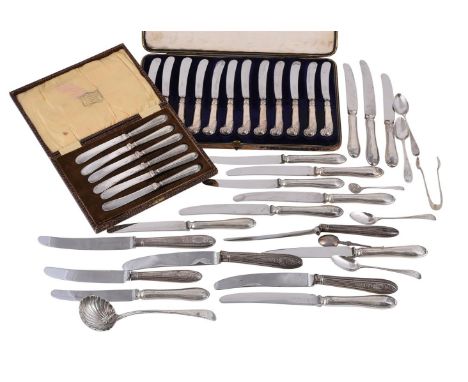 A collection of silver flatware to include, a set of six George III Old English pattern tea spoons by Peter &amp; Ann Bateman