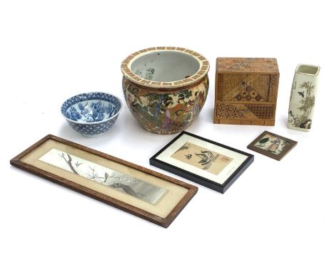 A mixed to include Japanese marquetry trinket box with tambour slide door, 15cmH; Chinese vase and ink drawing etc 