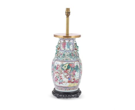 Interior design interest: a Chinese famille rose vase table lamp, 19th century and later adapted, drilled, 56cm high includin